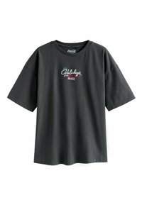 Black cotton t-shirt with short sleeves, featuring colorful embroidered text that reads "Holidays Are Coming" and palm tree accents.