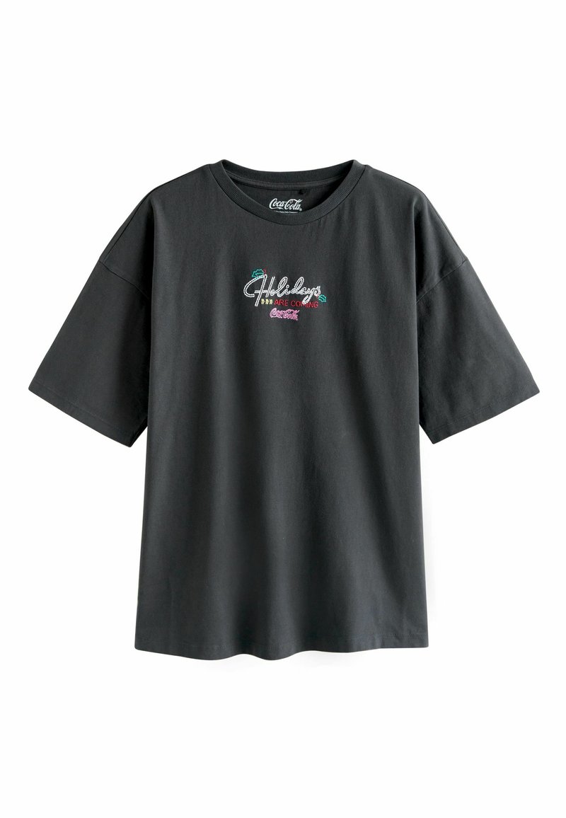 Black cotton t-shirt with short sleeves, featuring colorful embroidered text that reads "Holidays Are Coming" and palm tree accents.