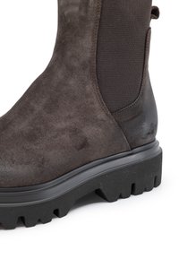 Stivale alla caviglia in suede marrone con pannelli elastici ai lati, suola in gomma testurizzata e tacco spesso. Presenta una finitura liscia e una suola resistente.