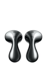 Schwarze kabellose Ohrhörer mit einer glatten, glänzenden Oberfläche, die abgerundete Formen und ein Netzlautsprechergitter aufweisen. Kompaktes und ergonomisches Design.