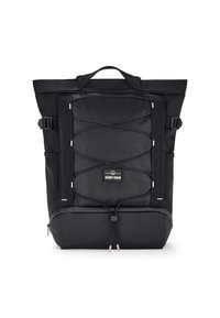 Rucsac negru cu panou frontal texturat, bretele reglabile și design cu cordon bungee. Dispune de o etichetă cu logo și material robust.