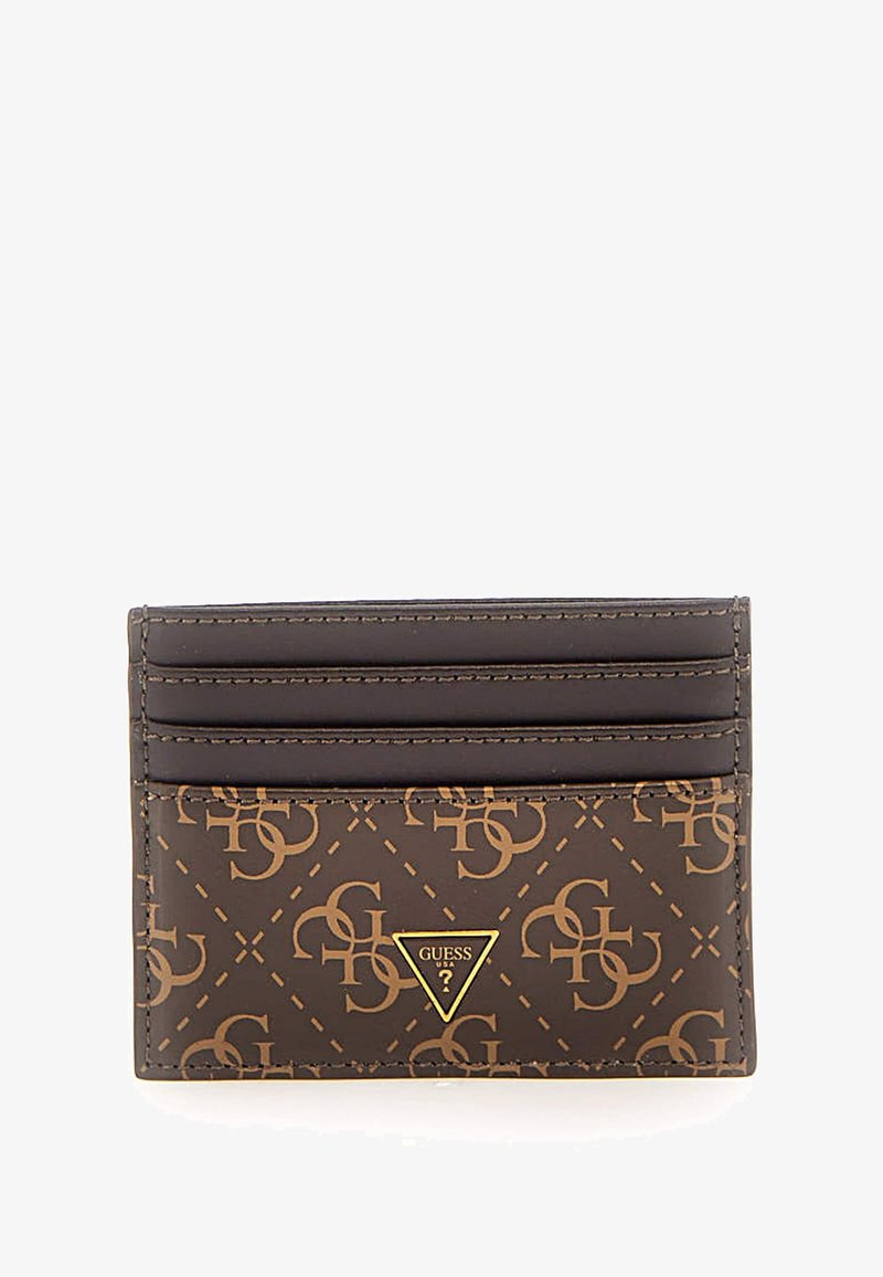Brown synthetic cardholder with an embossed logo pattern, featuring six card slots, a textured finish, and a gold triangular brand emblem.