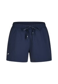 Dunkelblaue Badeshorts aus leichtem Stoff, mit einem elastischen Bündchen und einem Kordelzug sowie Seitentaschen. Einfaches Design.