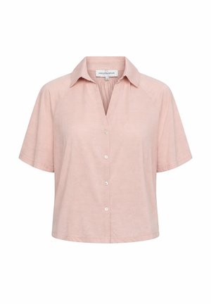 Lichtroze kortermig overhemd met knopen en kraag, losse pasvorm en stoffen label aan de binnenkant van de halslijn.