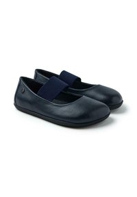 Ballerine in pelle blu scuro con superficie texturizzata e ampia fascia elastica sulla parte superiore. Suole in gomma morbida per una maggiore flessibilità.