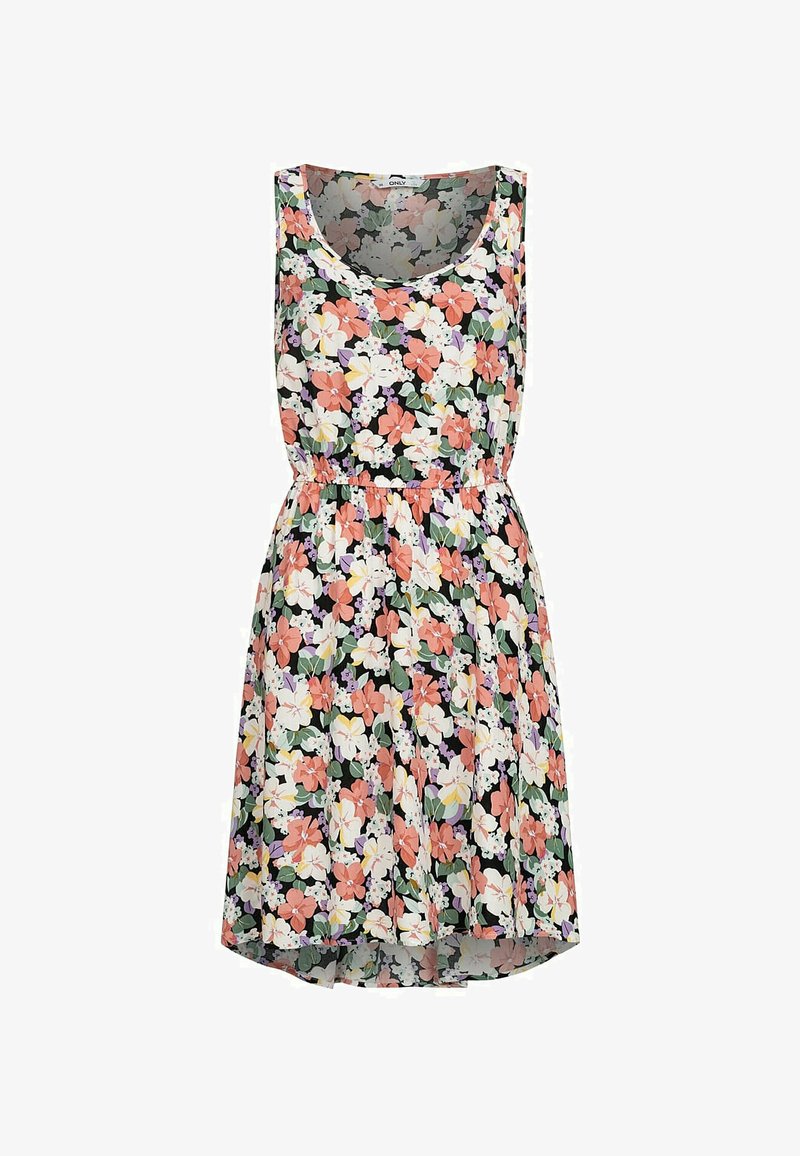 Blumenkleid mit ärmellosem Design, auf schwarzem Hintergrund mit mehrfarbenen Blumen in Rosa, Weiß und Grün. Elastischer Taillenbund.