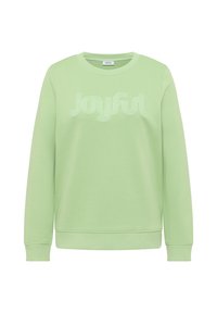 Jasnozielona bluza z nadrukiem "Joyful" w białym haftowanym tekstem na przodzie, z okrągłym dekoltem oraz ściągaczami na mankietach i u dołu.