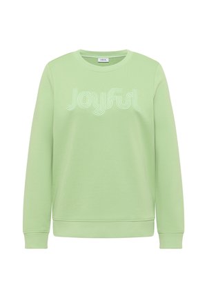Light green sweatshirt featuring "Joyful" in white embroidered text across the front, with a crew neck and ribbed cuffs and hem.