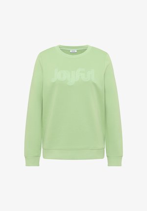 Sudadera de color verde claro con la palabra "Joyful" bordada en blanco en el frente, con cuello redondo y puños y dobladillo acanalados.