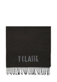 Sciarpa nera con bordi frangiati, caratterizzata da un prominente design testuale grigio "T'CLASSE" lungo un lato. Tessuto liscio e forma rettangolare.
