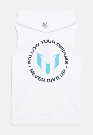 Hoodie sans manches blanc avec un logo Messi bleu et les phrases « Suivez vos rêves » et « N'abandonnez jamais » imprimées en design circulaire.