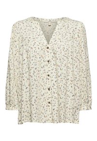Blouse crème à manches longues avec petit imprimé floral multicolore, fermeture boutonnée devant et détails froncés près des épaules et des poignets.