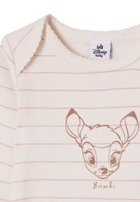 Cream cotton onesie with light pink stripes, featuring a brown Bambi illustration and scalloped neckline detail. Size tag labeled Disney Baby.
