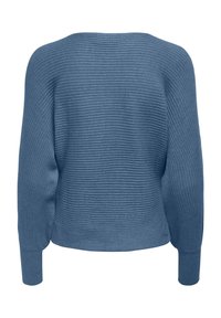 Pull en maille côtelée bleue avec longues manches ballon et poignets ajustés, vu de dos sur fond blanc.