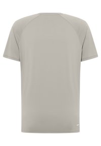 Lichtgrijs t-shirt met korte mouwen, met een eenvoudig design, ribbelachtige ronde halslijn en platte naden, gemaakt van een soepele, rekbare stof.