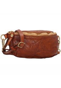 Borsa in pelle marrone con forma rotonda, dotata di zip dorata e tracolla regolabile con accessori in metallo. Texture liscia e design minimale.