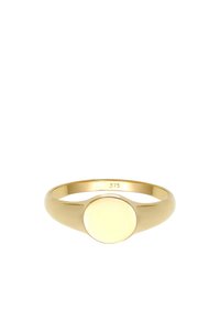 Gouden ring met een gladde, afgeronde band en een vlakke, ronde bovenkant. Gegraveerd met "375" wat de goudzuiverheid aangeeft. Gepolijste, reflecterende afwerking.