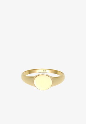 Bague en or avec une bande lisse et arrondie et un dessus circulaire plat. Marquée "375" indiquant la pureté de l'or. Fini poli et réfléchissant.