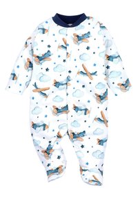 Witte baby rompertje met lange mouwen, voorzien van een blauw en oranje vliegtuigpatroon, wolken en sterren. Zachte stof en drukknoopsluiting.