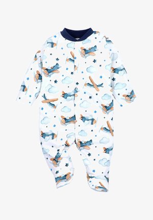 Witte baby rompertje met lange mouwen, voorzien van een blauw en oranje vliegtuigpatroon, wolken en sterren. Zachte stof en drukknoopsluiting.