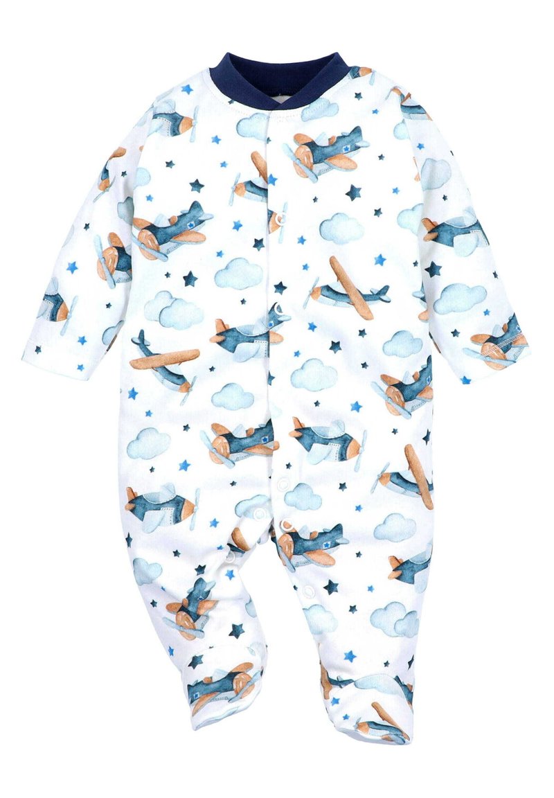 Witte baby rompertje met lange mouwen, voorzien van een blauw en oranje vliegtuigpatroon, wolken en sterren. Zachte stof en drukknoopsluiting.