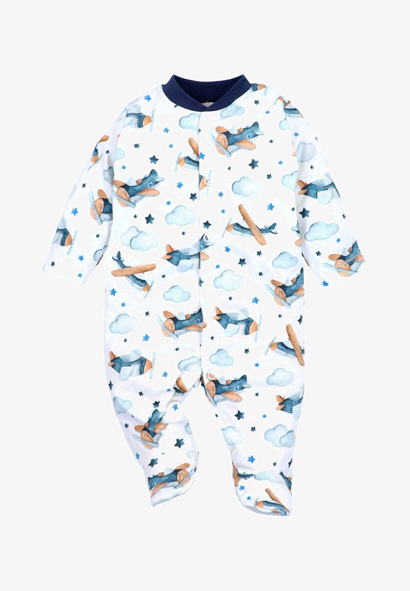 White baby onesie with long sleeves, featuring a blue and orange airplane pattern, clouds, and stars. Soft fabric and snap closure.