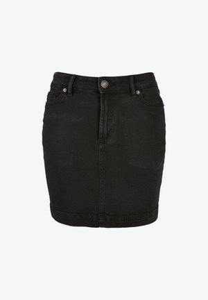 Jupe en denim noir avec une coupe droite, design à cinq poches, fermeture à bouton sur le devant et décoloration subtile pour une apparence texturée.