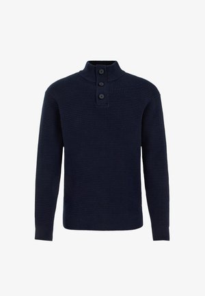 Granatowy sweter z wysokim kołnierzem, z zapięciem na trzy guziki oraz teksturowanym wzorem dzianiny. Długie rękawy z ribbowanymi mankietami i dołem.