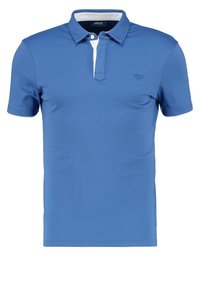 Modrá polo košile vyrobená z hladké bavlny, s klasickým límečkem, dvouknoflíkovou léga a jemným logem na hrudi.