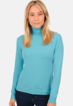 Pull haut en bleu clair en tissu doux, avec des manches longues et une coupe ajustée, agrémenté de bords côtelés au col et à l'ourlet.