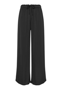 Mustat leveälahkeiset housut, joissa on pehmeä tuntuma, joustava vyötärönauha ja säädettävä nyöri. Housuilla on rento siluetti ja sileä viimeistely.