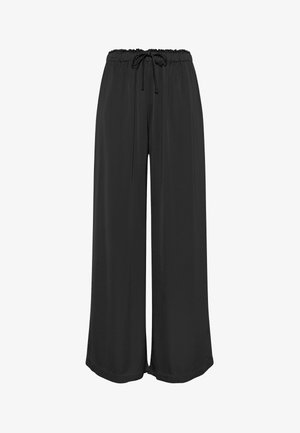 Pantaloni negri largi, cu textură moale, talie elastică și șnur ajustabil. Prezintă o siluetă relaxată cu un finisaj neted.