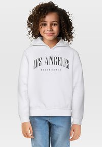 Felpa bianca con la scritta "LOS ANGELES CALIFORNIA" stampata in nero. Presenta una tasca a marsupio, cappuccio con cordino e polsini a costine.