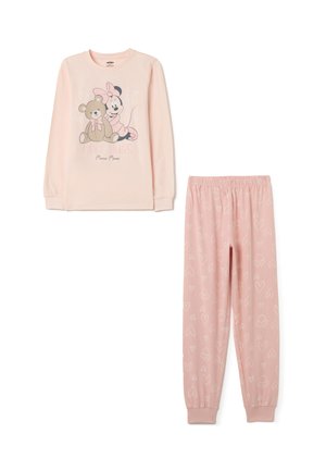 Ensemble de pyjama à manches longues rose pour enfant, avec Minnie Mouse étreignant un ours en peluche sur le haut, et des motifs de cœurs et de nœuds sur le pantalon.