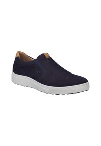 Navy slip-on shoes made of suede with white rubber sole. Features tan accents and elastic side panels for easy wear. Smooth texture.