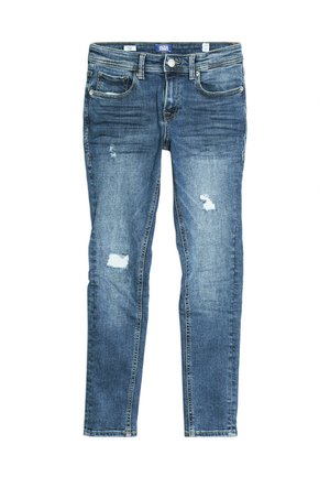 Blå slim-fit jeans med udvaskede og slidte områder på lår og knæ, med fem lommer og knaplukning i taljen.
