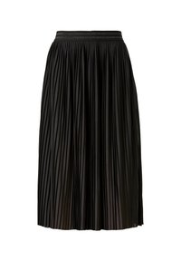 Svart plisserad midiklänning med en texturerad yta, med ett dekorativt midjeband. Kjolen har en flödande design med vertikala plisseringar.