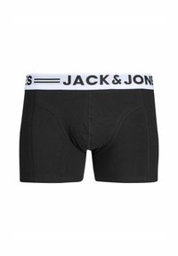Schwarze Baumwoll-Boxershorts mit einem weißen elastischen Bund, auf dem der Text "JACK & JONES" in Schwarz steht. Glatte Textur und enganliegendes Design.