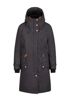 Črna kapuca parka jakna z teksturiranim materialom, trije rjavi gumbi in dva sprednja žepa. Ima elastične manšete in sproščen kroj.