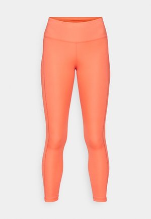 Leggings elastici, aderenti, di colore corallo brillante con una vita alta, texture liscia e cuciture laterali sottili. Design atletico e resistente.