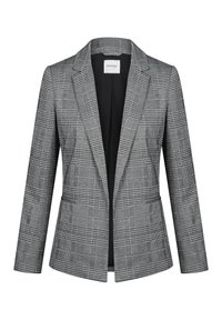 Blazer pour femme à carreaux gris et noirs, manches longues, col à revers cranté, et design ouvert à l'avant.
