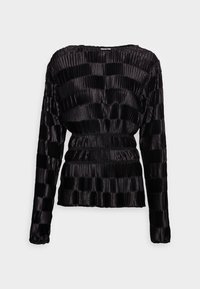 Blusa nera a maniche lunghe con un design plissettato a strisce verticali e una vita arricciata per flessibilità e forma. Texture liscia.