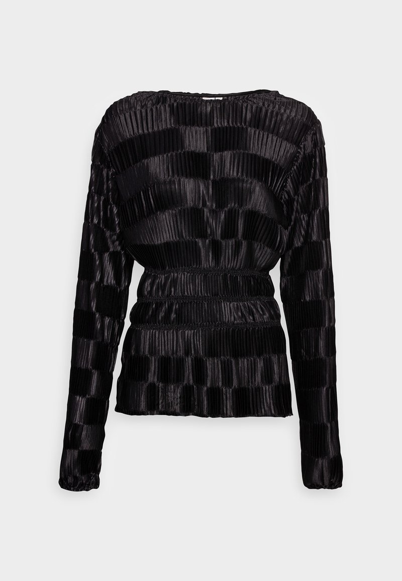 Blusa nera a maniche lunghe con un design plissettato a strisce verticali e una vita arricciata per flessibilità e forma. Texture liscia.