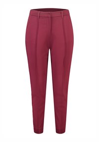 Pantalons ajustés bordeaux en tissu lisse avec des rayures latérales. Équipés d'une taille avec passants de ceinture et d'un design slim.