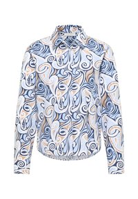 Camicia button-up in tessuto con un motivo vorticoso nei toni del blu, beige e bianco. Maniche lunghe con colletto classico e orlo curvo.