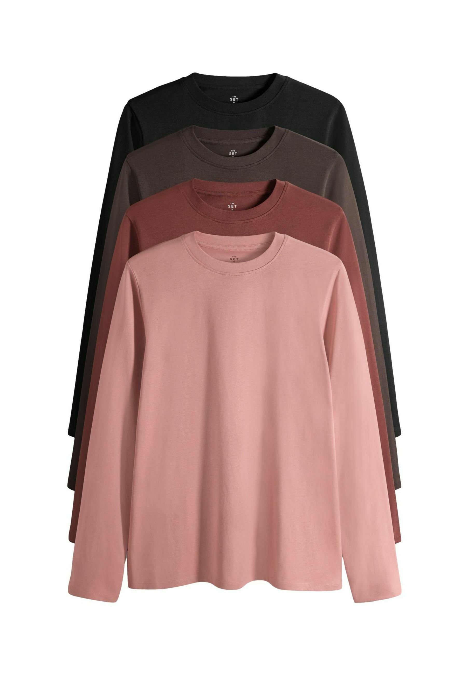 THE SET Vrouwen THE SET 4 ruimvallende T-shirts met lange mouwen Black/Khaki/Red/Light Green L