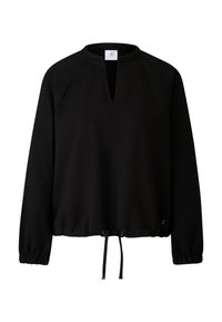 Černý top s dlouhými rukávy, kulatým výstřihem, průstřihem vpředu, nařasenými manžetami a nastavitelným stahovacím šňůrkou na spodním lemu. Hladká textura, volnější střih.