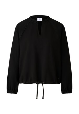 Zwarte top met lange mouwen, een ronde hals, een sleutelgat aan de voorkant, geplooide manchetten en een verstelbare trekkoord aan de zoom. Soepele textuur, casual pasvorm.