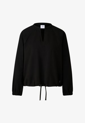 Zwarte top met lange mouwen, een ronde hals, een sleutelgat aan de voorkant, geplooide manchetten en een verstelbare trekkoord aan de zoom. Soepele textuur, casual pasvorm.