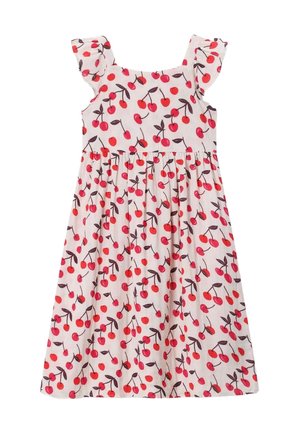 Robe blanche sans manches avec des épaules à volants, couverte d'un imprimé cerises rouges avec des tiges et des feuilles marron.